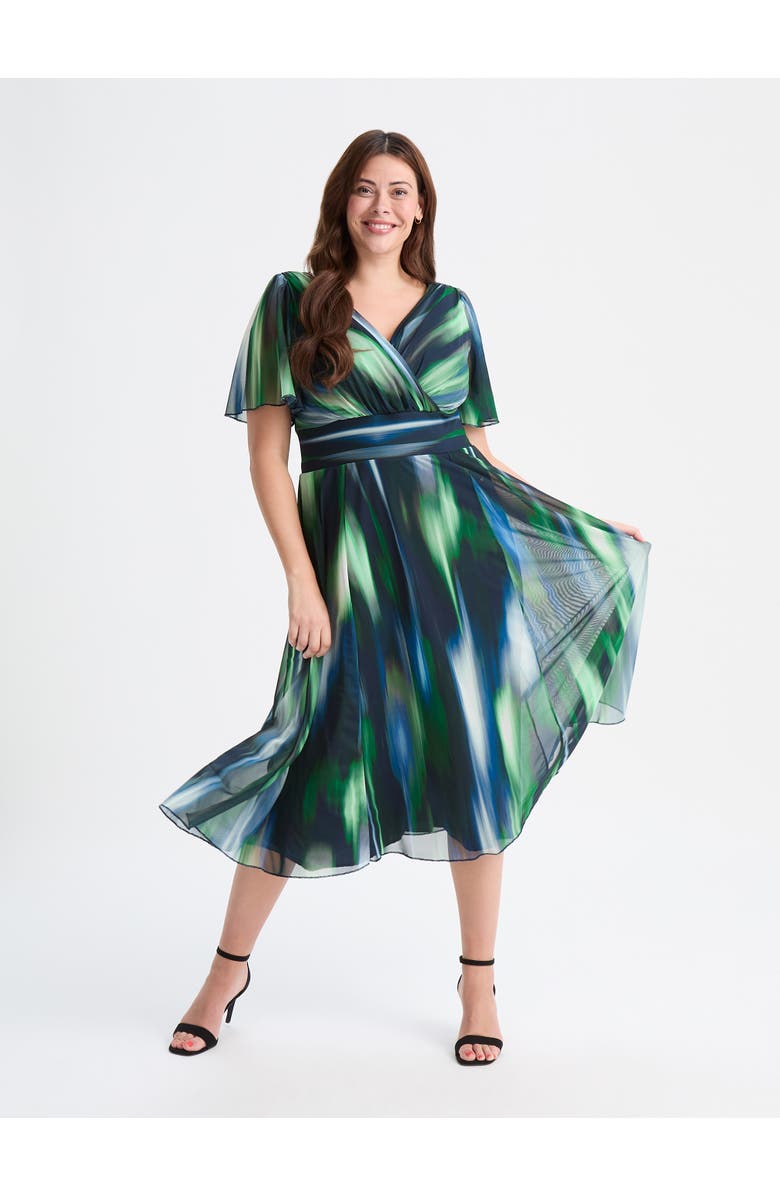 Scarlett & Jo Victoria Ikat Angel Sleeve Midi Dress, Main, color, Green Ikat