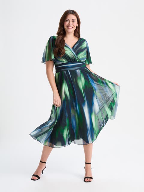 Victoria Ikat Angel Sleeve Midi Dress