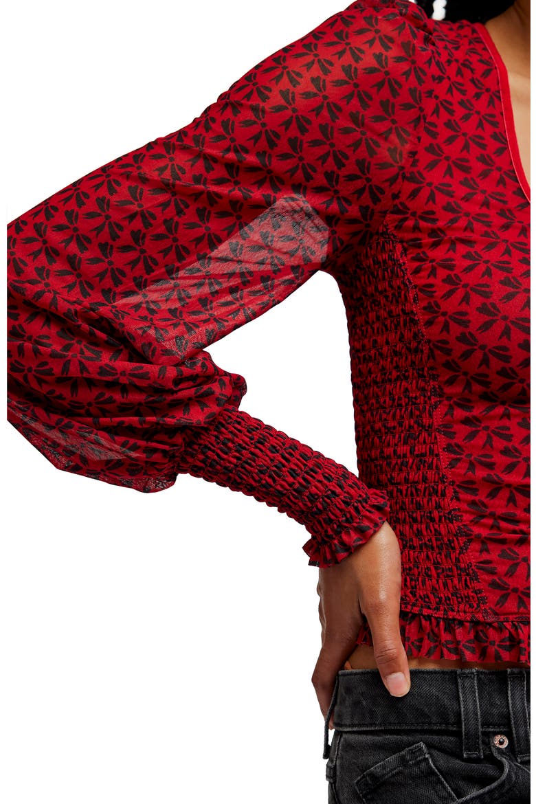 Dottie Bow Print Sheer Sleeve Smocked Top, Alternate, color, SALSA