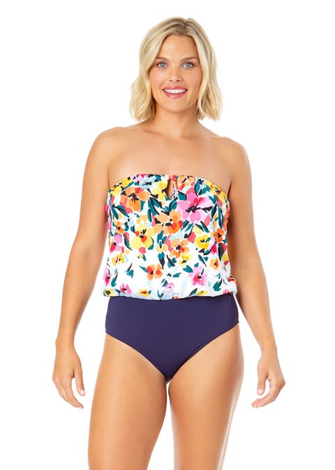Women's Gradient Floral Strapless Blouson Keyhole One Piece Swimsuit