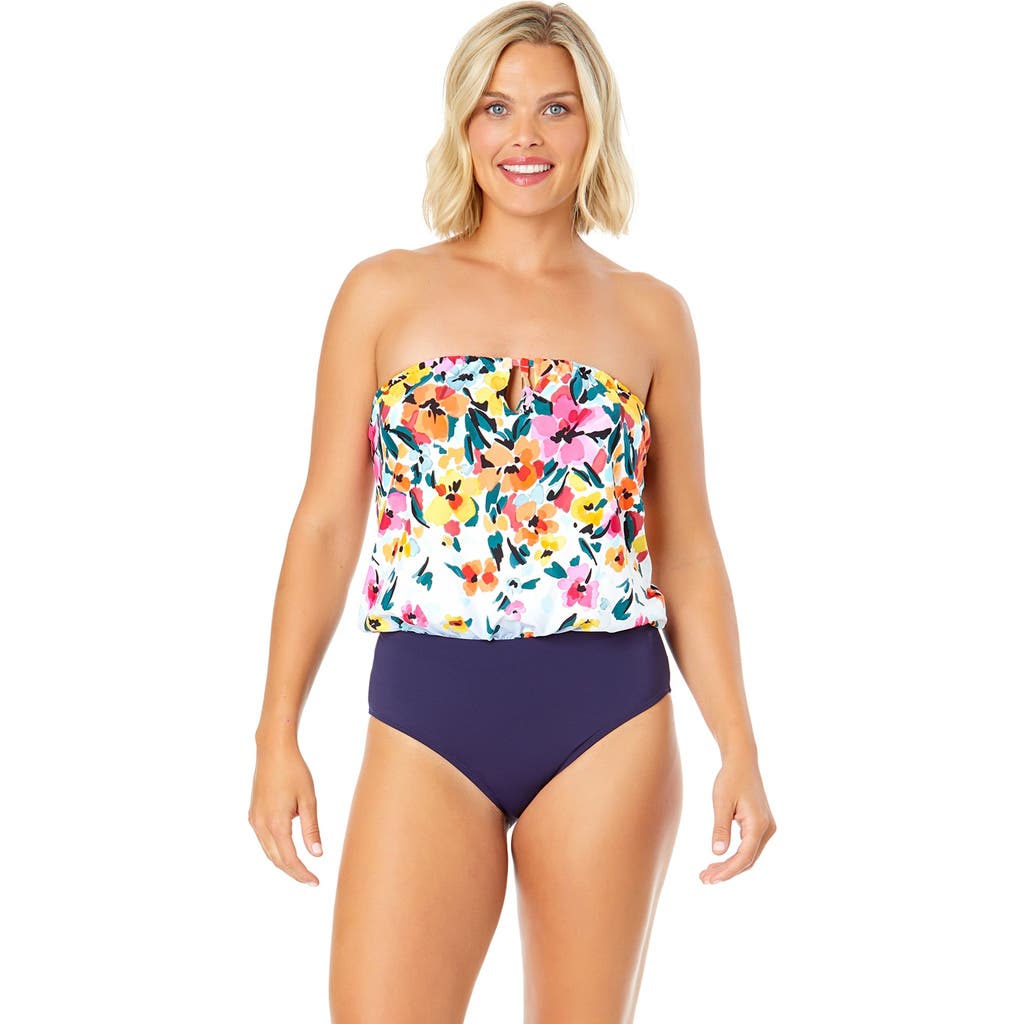 ANNE COLE GRADIENT FLORAL STRAPLESS BLOUSON KEYHOLE ONE PIECE SWIMSUIT