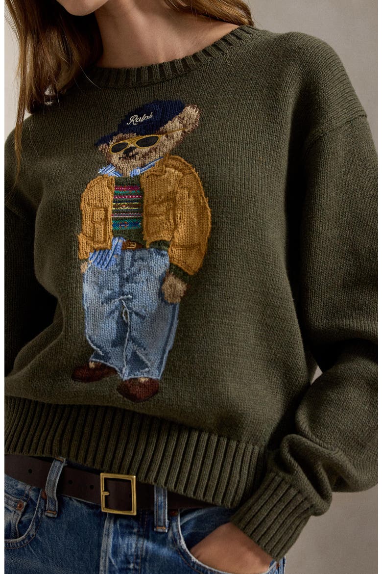 Polo Bear Cotton Crewneck Sweater, Alternate, color, MARLED OLIVE