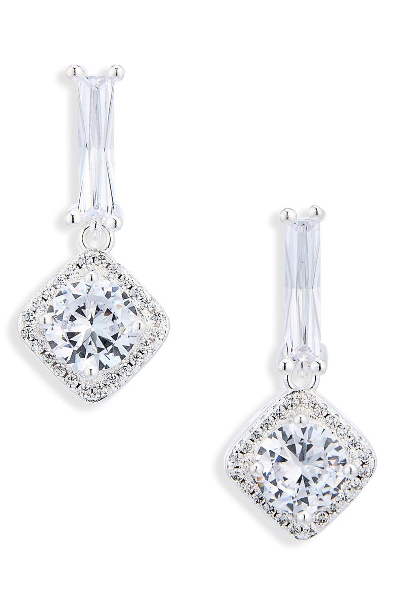 NORDSTROM RACK Cushion Halo Cubic Zirconia Drop Earrings, Main, color, Clear- Silver