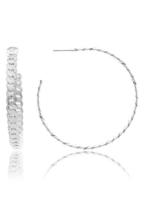 White Rhodium Clad Satin Finish Chain 50mm Hoop Earrings