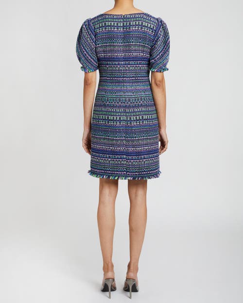 Santorelli Puff Sleeve Fringe Trim Shift Dress In Purple Multi
