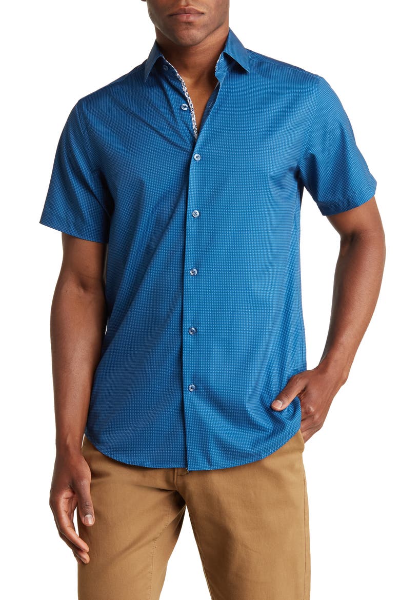 Slim Fit Performance Short Sleeve Button-Up Shirt, Main, color, BLUE