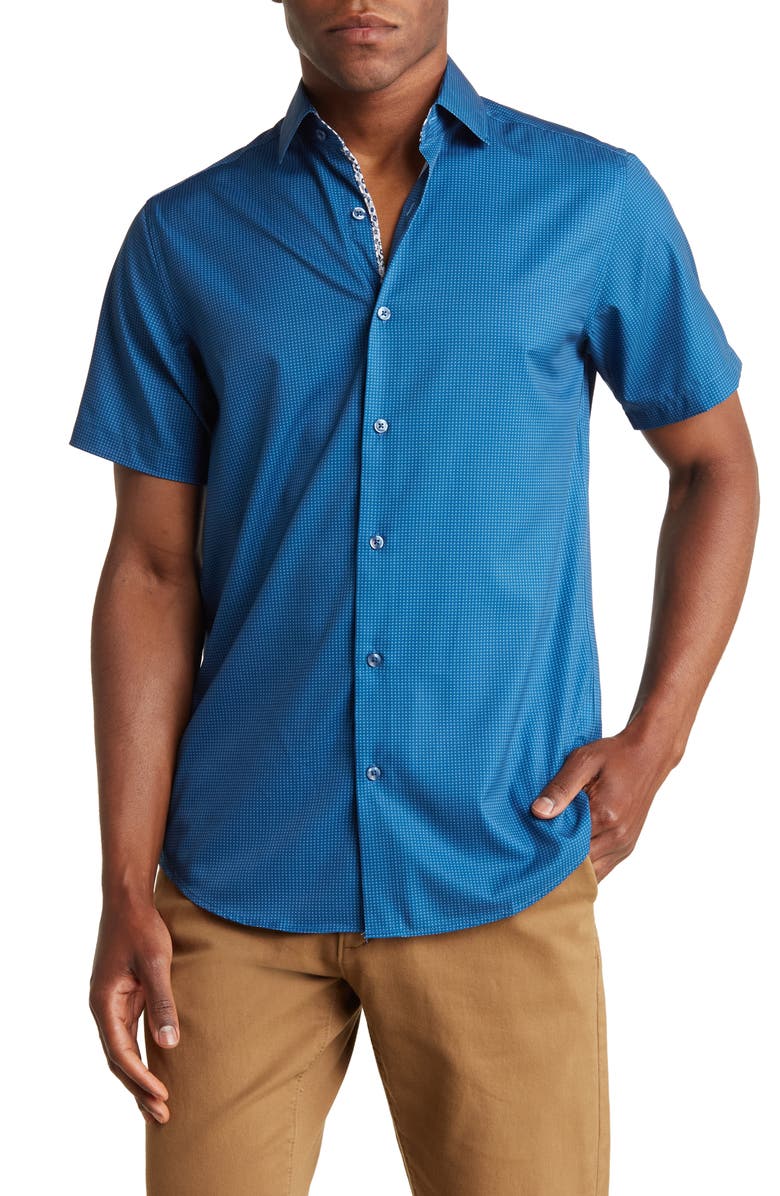 TOM BAINE Slim Fit Performance Short Sleeve Button-Up Shirt, Main, color, Blue