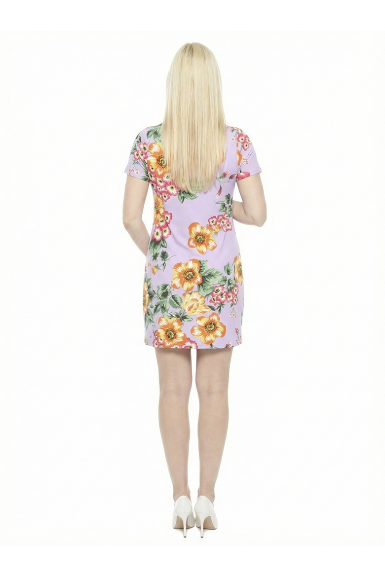 Maternity Floral Short Sleeve Round Neck Mini Shift Dress, Alternate, color, Lilac Multi