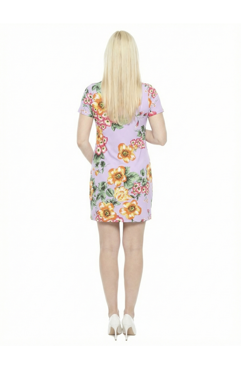 24seven Comfort Apparel Maternity Floral Short Sleeve Round Neck Mini Shift Dress, Alternate, color, Lilac Multi
