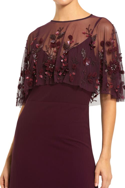 Mac Duggal Sleeveless Embellished Cape Evening Gown In Burgundy