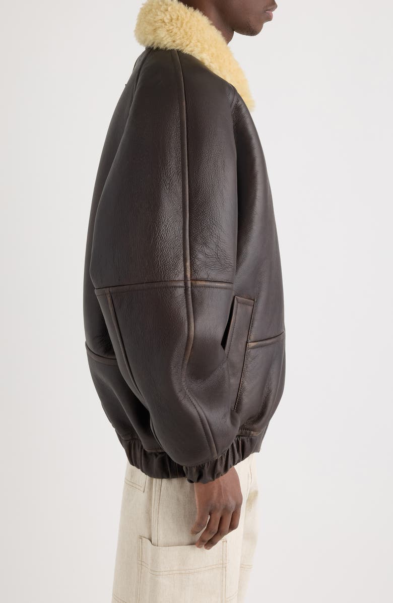 Jacquemus Le Bombardier Lambskin Leather & Genuine Shearling Aviator Jacket, Alternate, color, Dark Brown