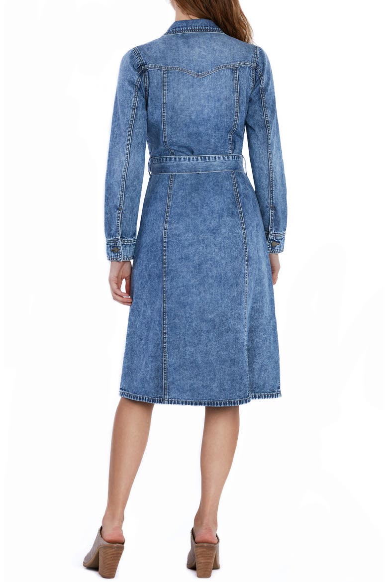 Mabel Retro Tie Belt Long Sleeve Denim Midi Shirtdress, Alternate, color, CLEAR BLUE