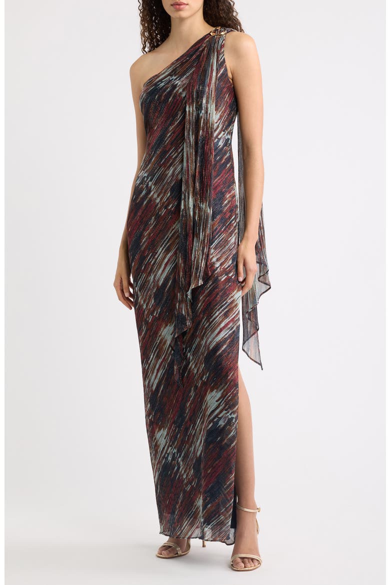 Metallic Abstract Print One-Shoulder Chiffon Gown, Main, color, MULTI