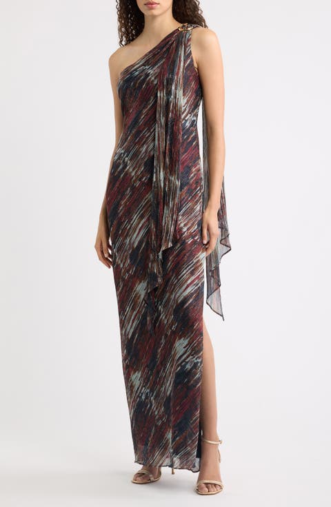 Metallic Abstract Print One-Shoulder Chiffon Gown
