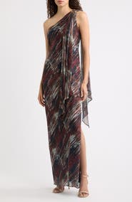 Vince Camuto Metallic Abstract Print One-Shoulder Chiffon Gown