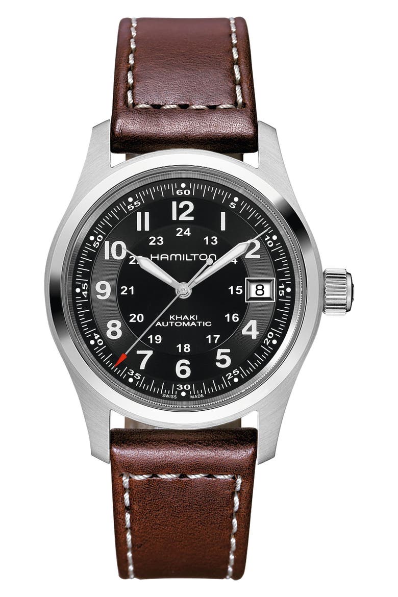 Khaki Field Automatic Leather Strap Watch, 38mm, Main, color, BROWN/BLACK/SILVER