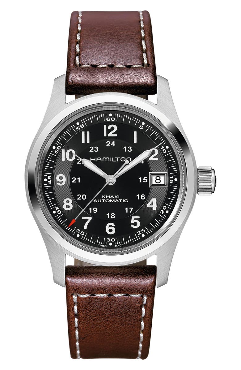 Hamilton Khaki Field Automatic Leather Strap Watch, 38mm, Main, color, Brown/Black/Silver