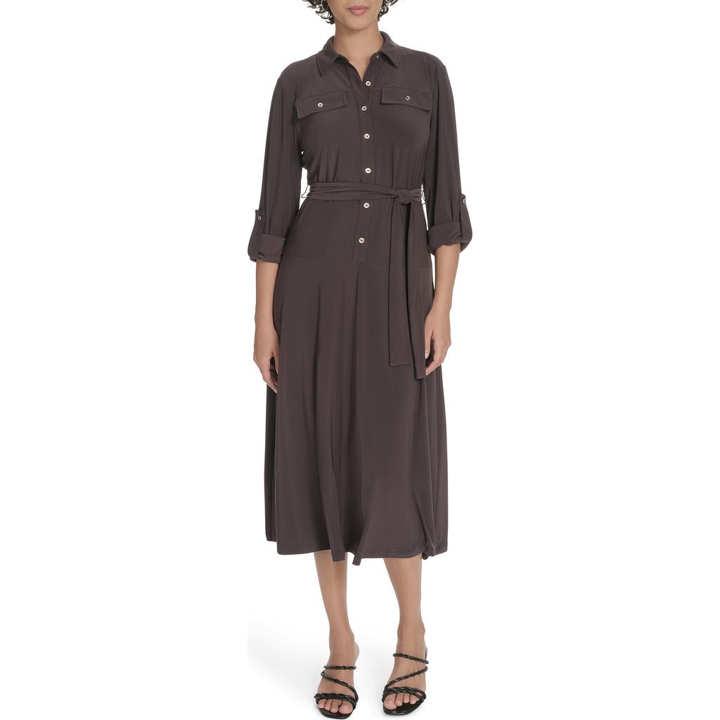 Tommy Hilfiger Roll Tab Sleeve Midi Dress In Brown