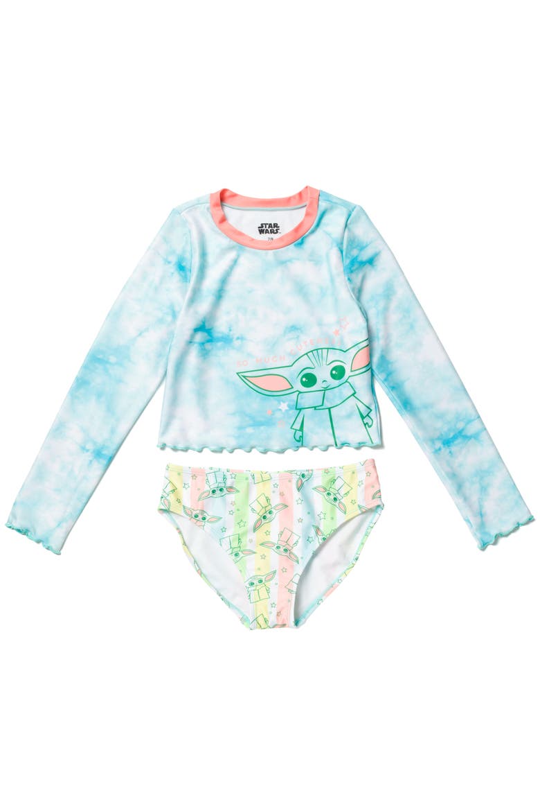 The Mandalorian Grogu Swimwear 2-Piece Rash Guard and Swim Bottom Set, Main, color, Grogu Blue Tie Dye