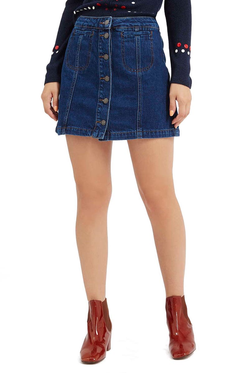 Topshop Button Front Denim Skirt, Main, color, 