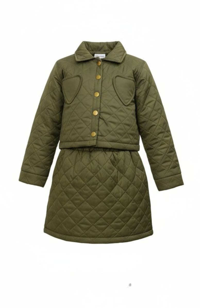 Mia Belle Girls Olive Heart Quilted Jacket and Matching Skirt Set, Main, color, Green