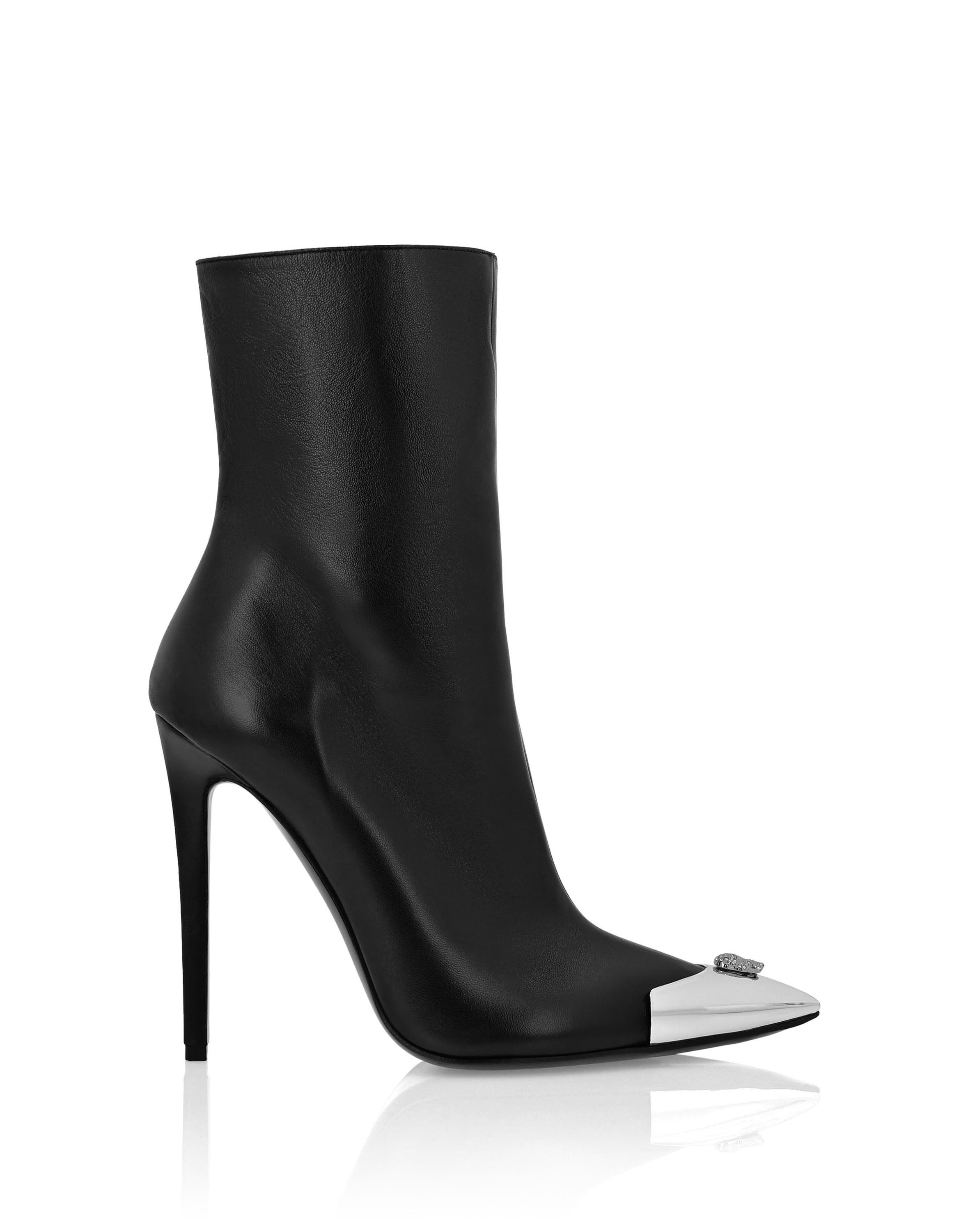 Leather Boots High Heels Mid Skull Strass Women, Alternate, color, black