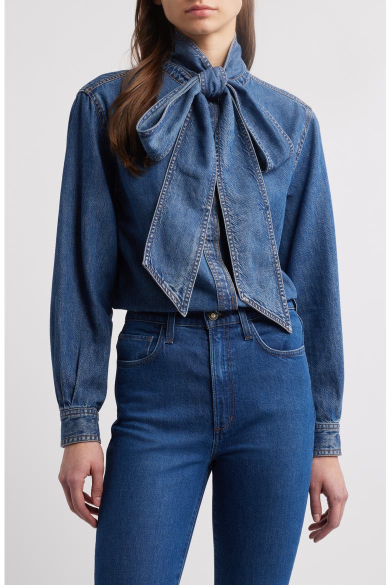 Secretary Cotton Blend Denim Top, Main, color, BABYDOLL