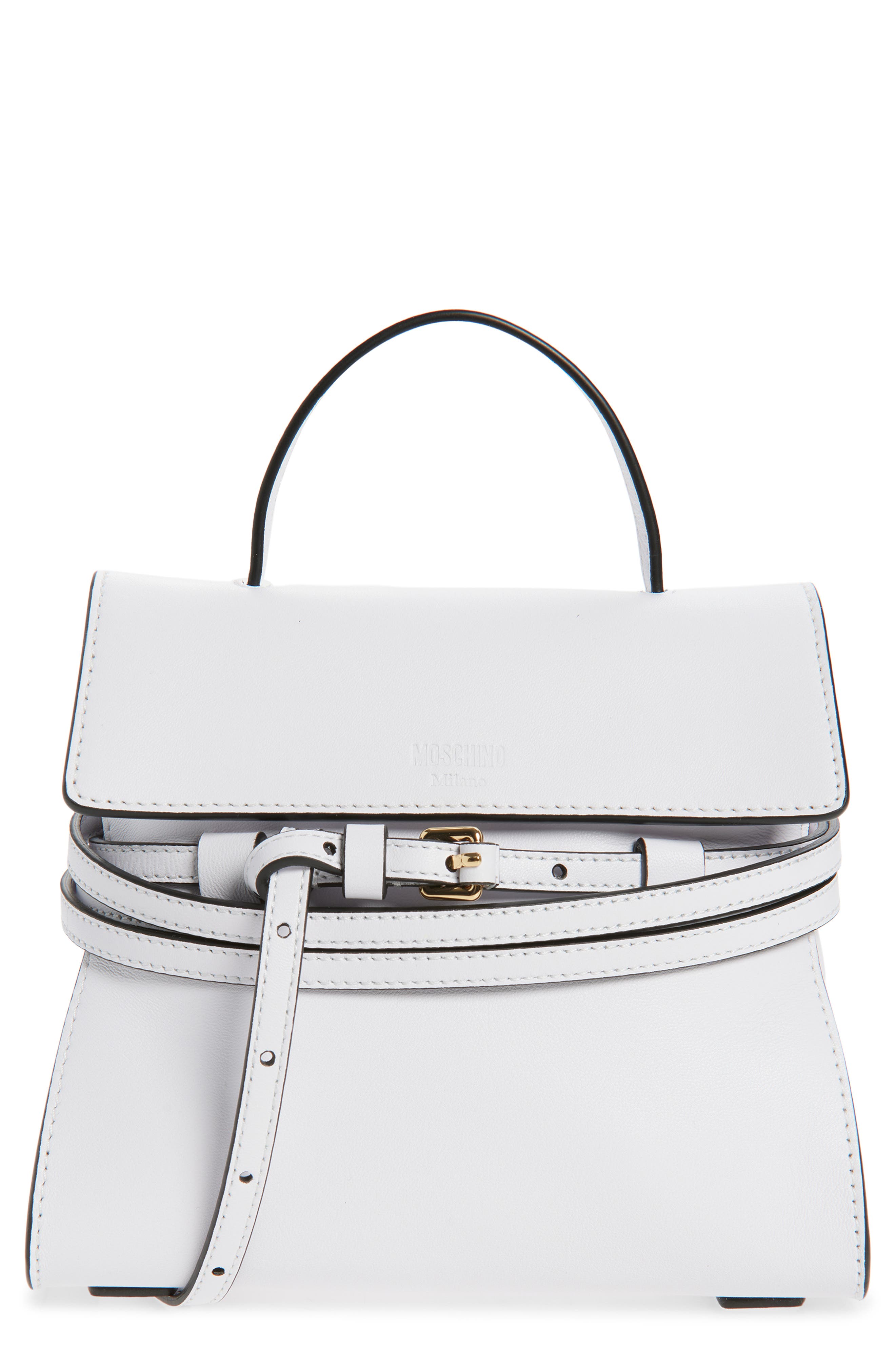 Moschino Small Tie Me Leather Top Handle Bag, Main, color, White