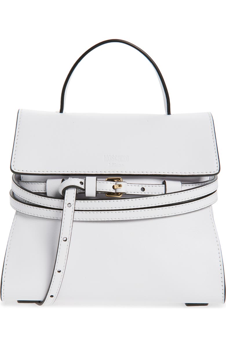 Moschino Small Tie Me Leather Top Handle Bag, Main, color, White