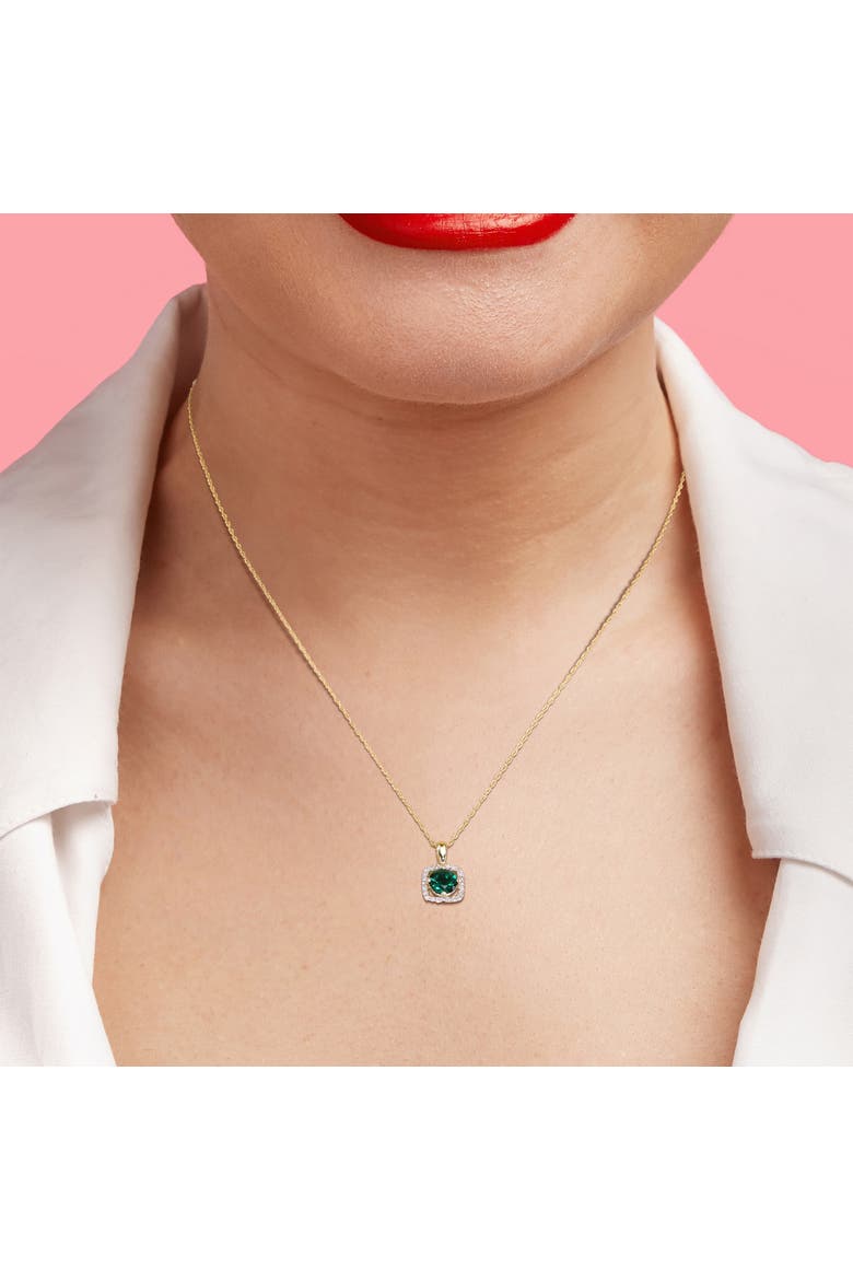 Gemstone & Diamond Square Halo Necklace 10K, Alternate, color, Created Emerald/Gold