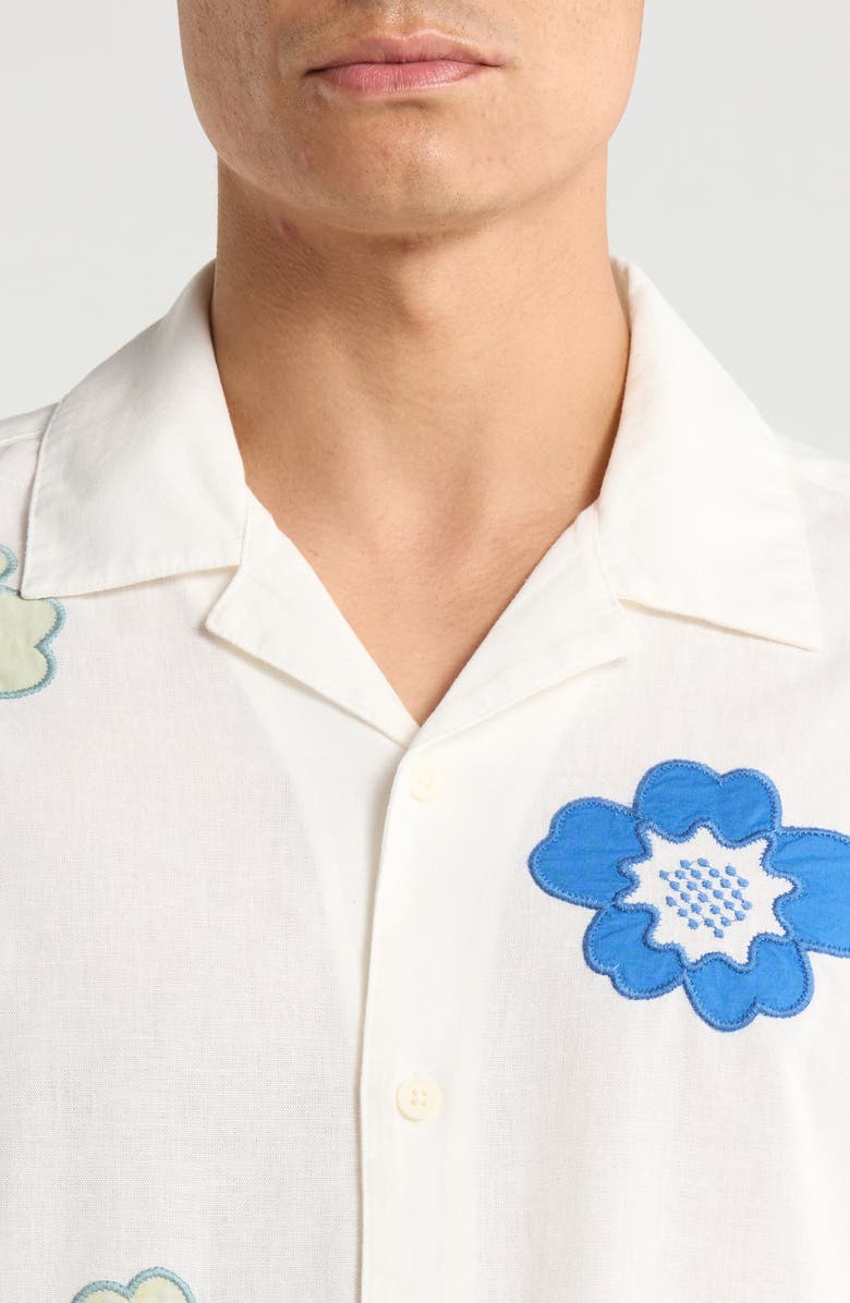 Wax London Didicot Floral Appliqué Cotton & Linen Camp Shirt, Alternate, color, Ecru / Multi