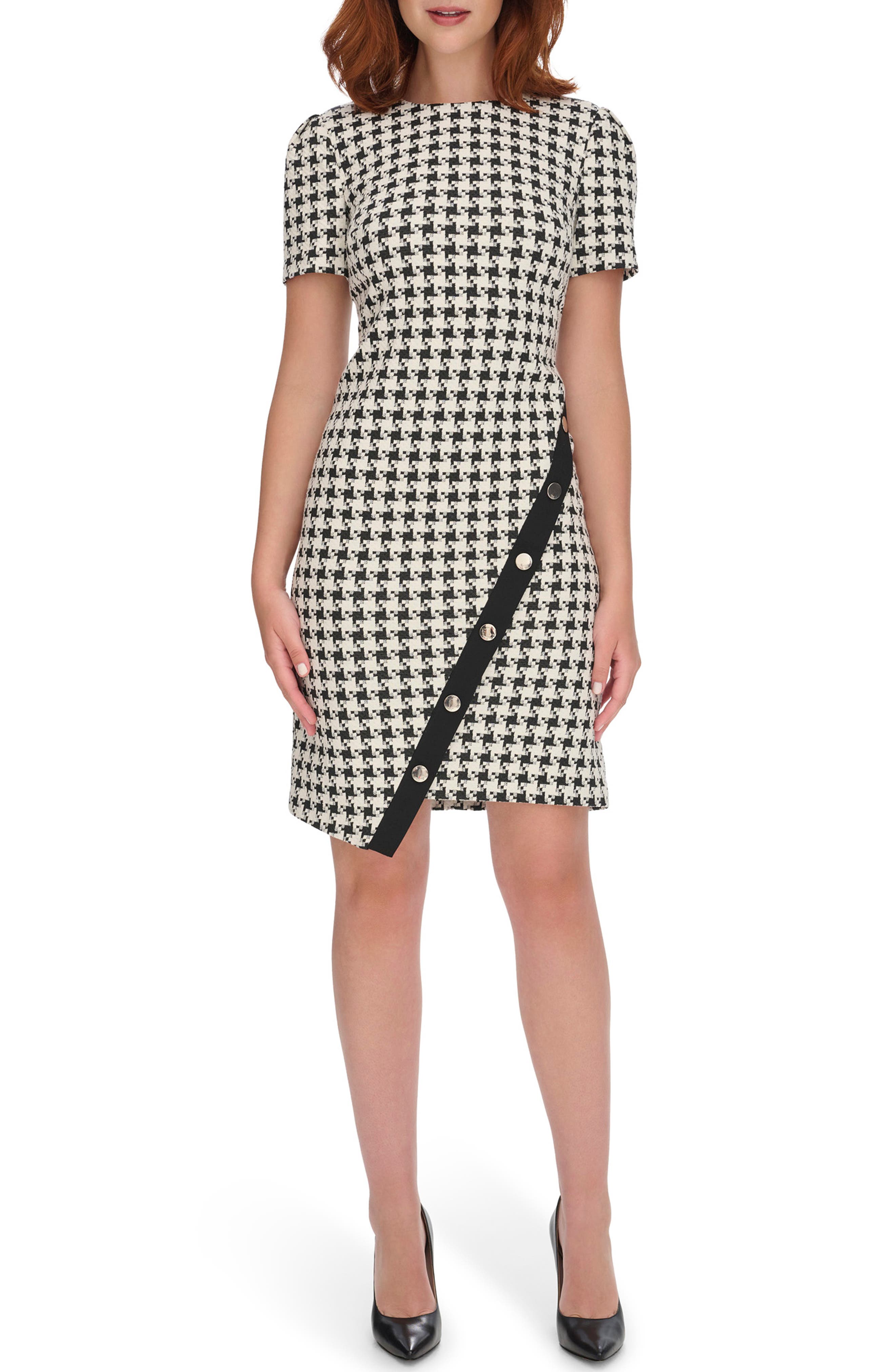 Asymmetric Button Houndstooth Minidress
