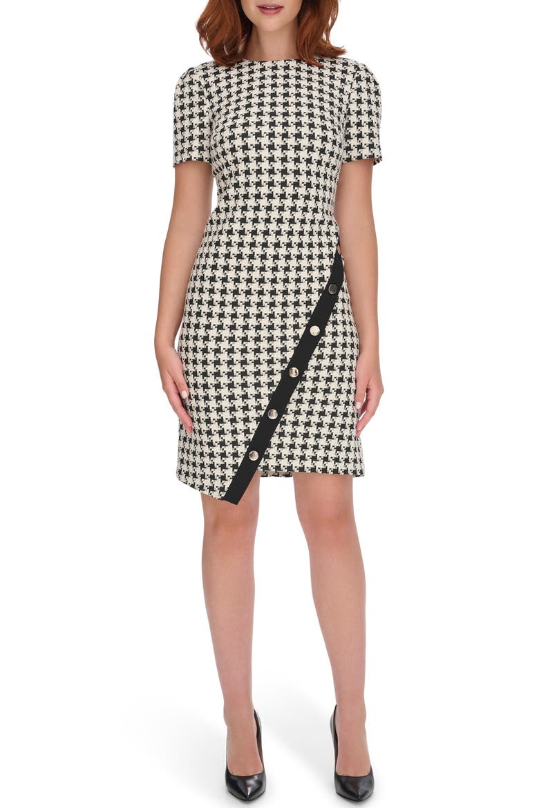 Asymmetric Button Houndstooth Minidress, Main, color, BLK/PEARL