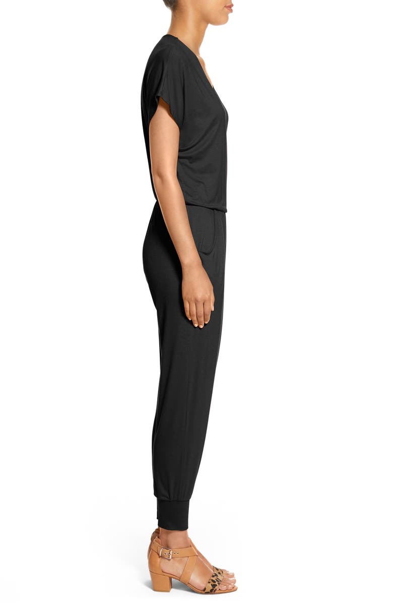 Loveappella Short Sleeve Wrap Top Jumpsuit, Alternate, color, Black