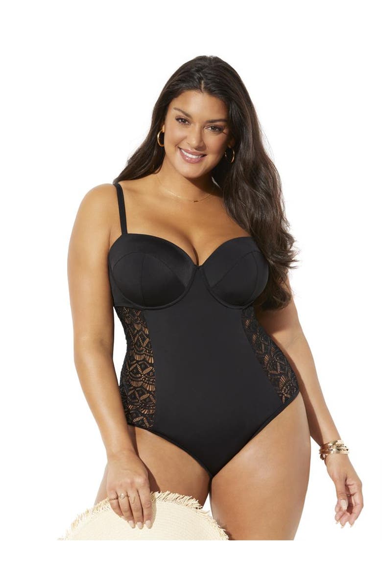 Swimsuits for All Crochet Underwire One Piece Swimsuit, Main, color, Black