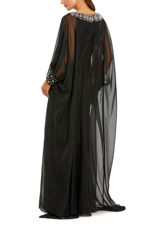 Mac Duggal Chiffon Long Sleeve Kaftan Gown With Beaded Neck In Black