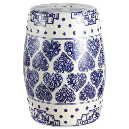 Jonathan Y Happy Hearts 17.8" Chinoiserie Ceramic Drum Garden Stool In Blue/white