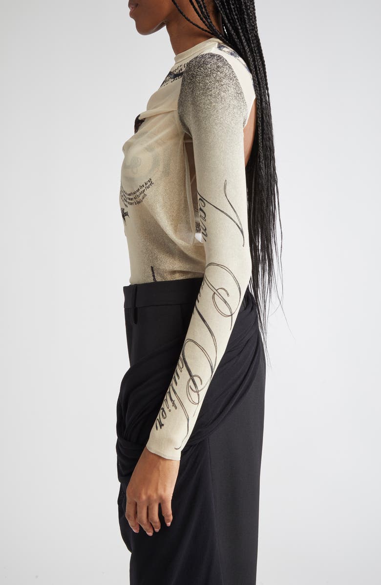 Jean Paul Gaultier Tattoo Print Cutout Double Layer Mesh Thong Bodysuit, Alternate, color, 