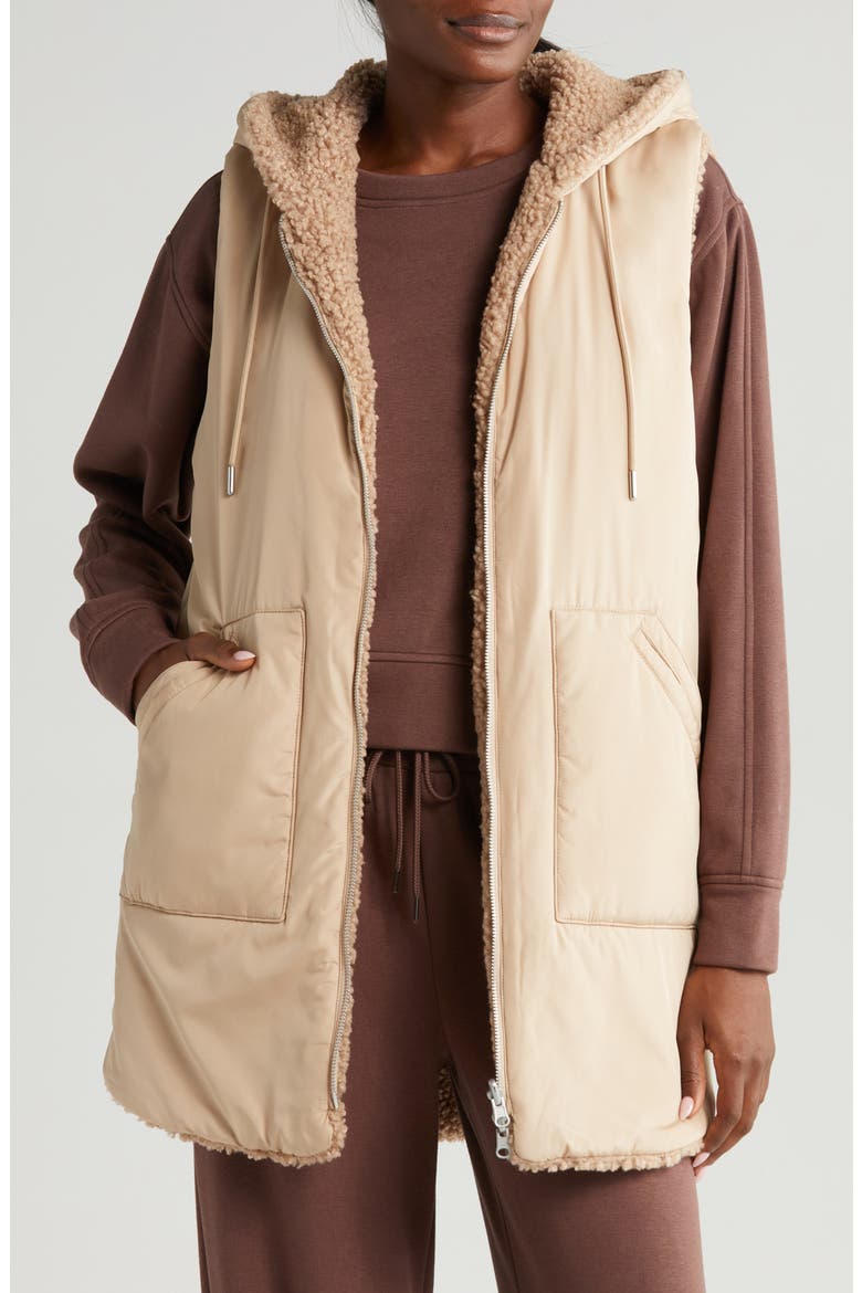 Cozy Insulated Hooded Faux Shearling Reversible Vest, Main, color, TAN TAUPE