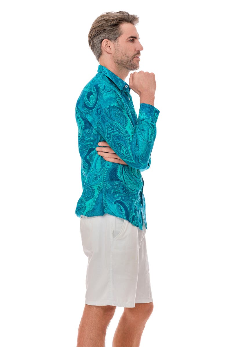 RANEES Paisley Linen Blend Button-Up Shirt, Alternate, color, Teal