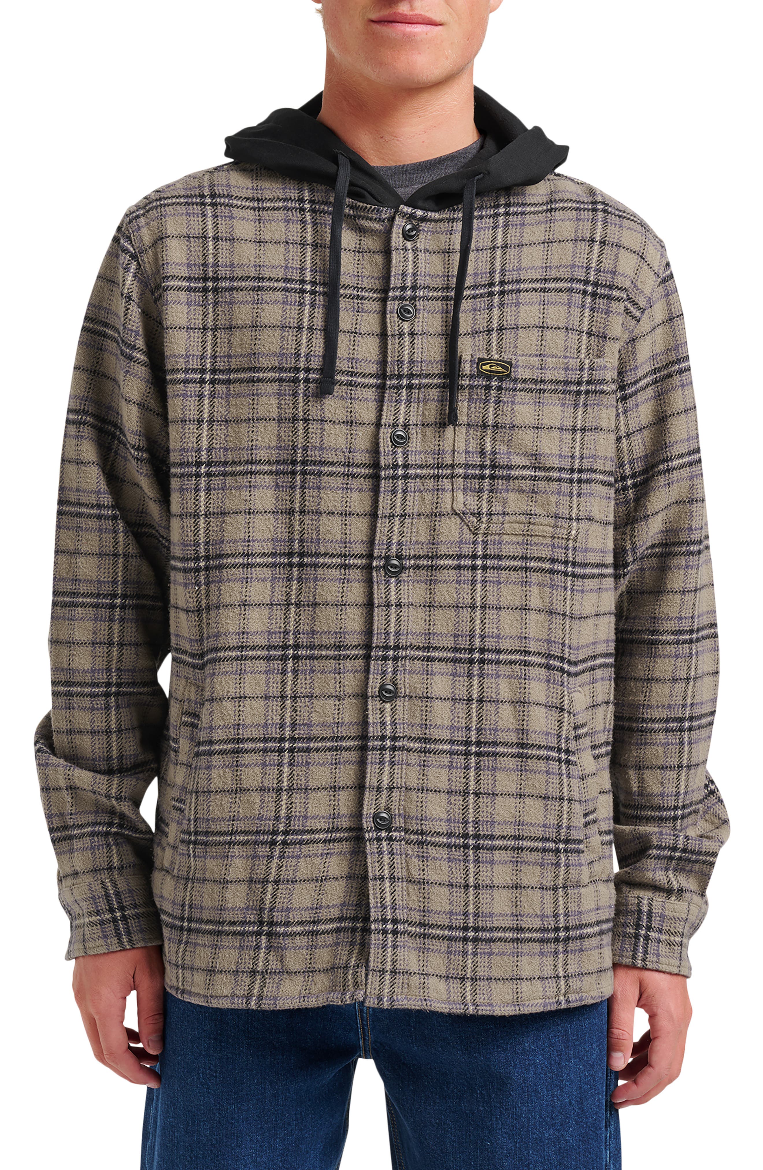 Quiksilver Sandbar Hooded Plaid Cotton Flannel Button-Up Shirt