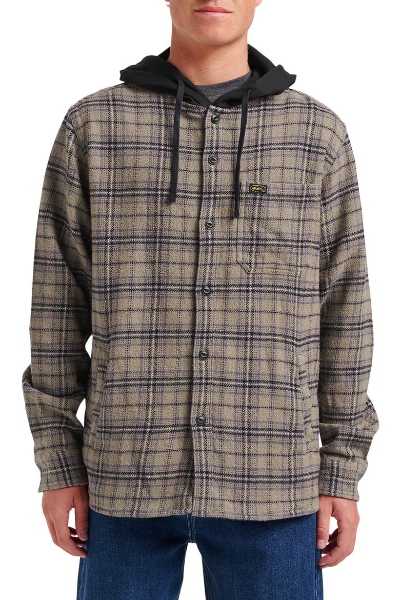 Sandbar Hooded Plaid Cotton Flannel Button-Up Shirt, Main, color, FALLEN ROCK
