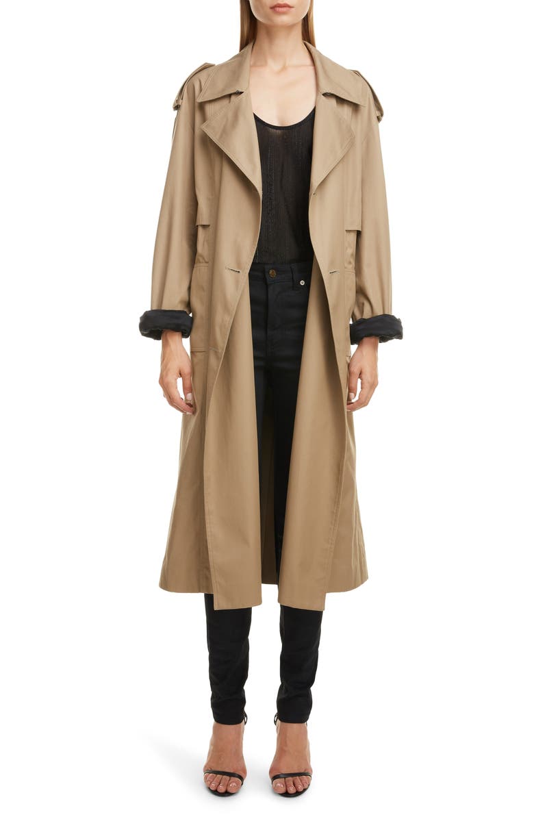Saint Laurent Contrast Cuff Trench Coat, Main, color, 