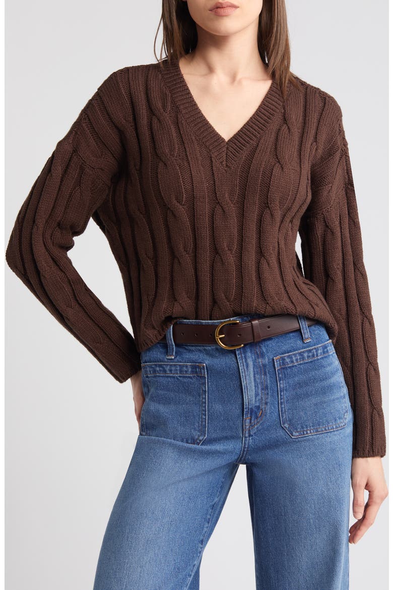 Cable Knit V-Neck Crop Sweater, Main, color, DARK COFFEE