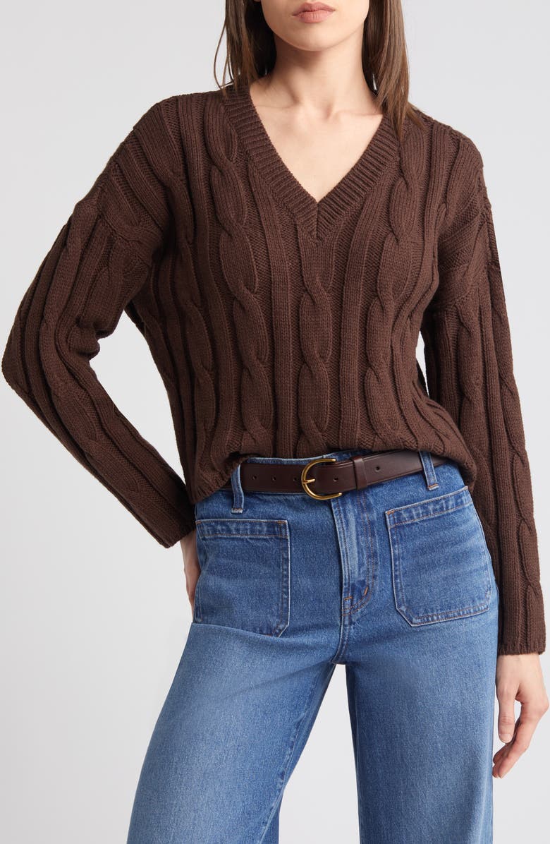 Madewell Cable Knit V-Neck Crop Sweater, Main, color, 