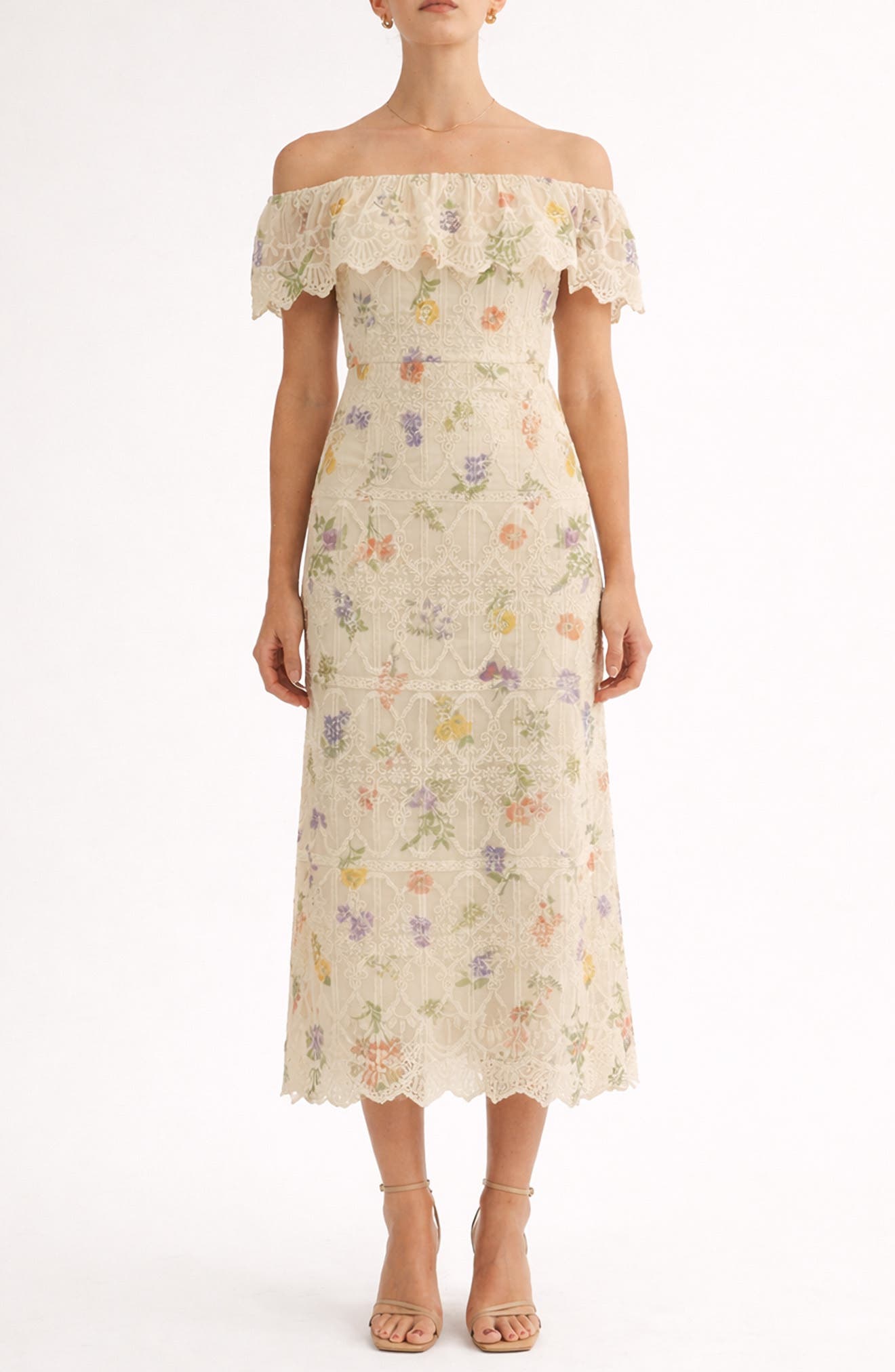 Brinley Embroidered Off the Shoulder Midi Dress