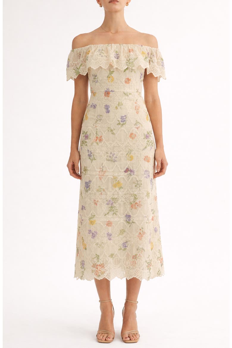 Brinley Embroidered Off the Shoulder Midi Dress, Main, color, MULTI