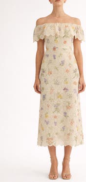 Arose Studio Brinley Embroidered Off the Shoulder Midi Dress