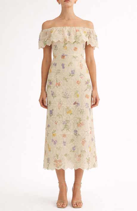 Brinley Embroidered Off the Shoulder Midi Dress