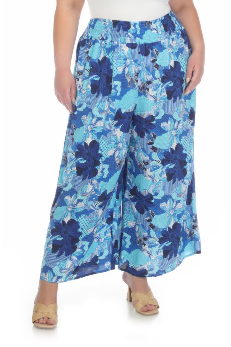 Patterned Smocked Pull-On Pants, Main, color, BLUE PATCH PRINT
